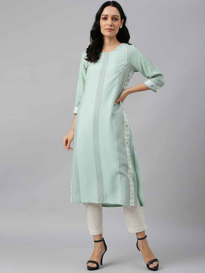 W Women Green Striped Thread Work Floral Viscose Rayon Kurta