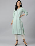 W Women Green Striped Thread Work Floral Viscose Rayon Kurta