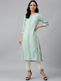 W Women Green Striped Thread Work Floral Viscose Rayon Kurta