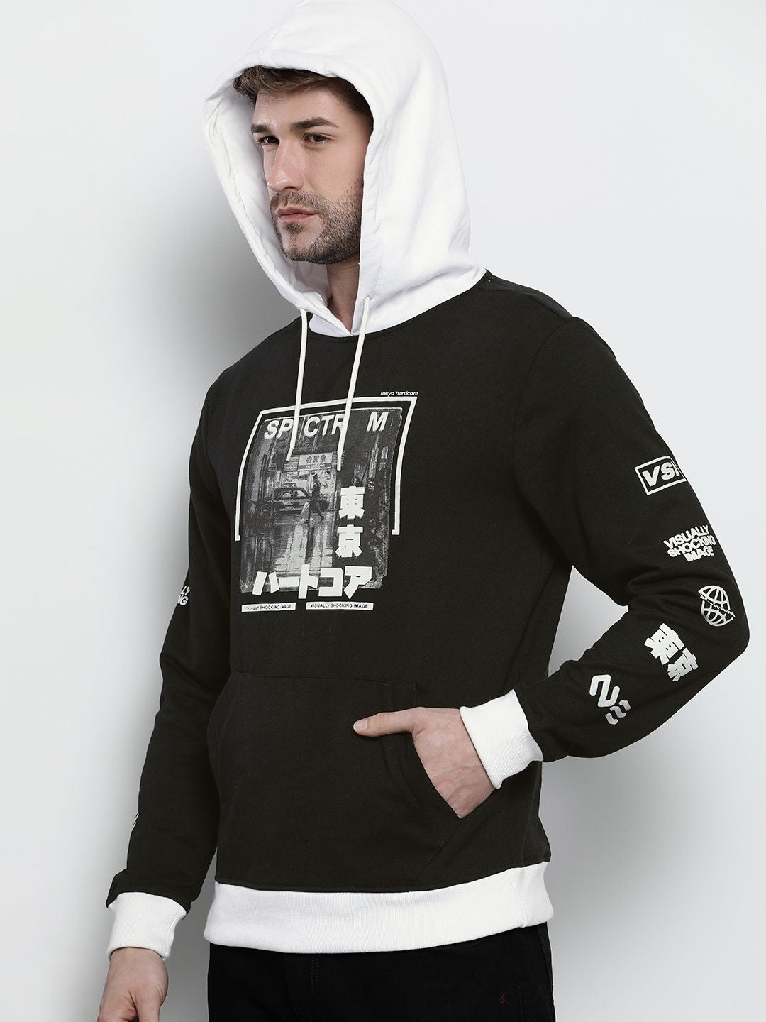 The Indian Garage Co Men Black Printed Hooded Sweatshirt