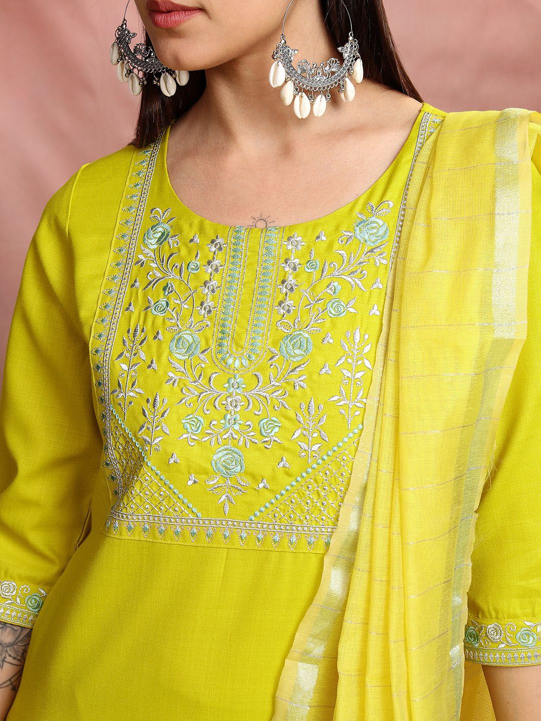 Vishudh Lime Green Floral Yoke Design Thread Work Straight Kurta With Trousers & Dupatta
