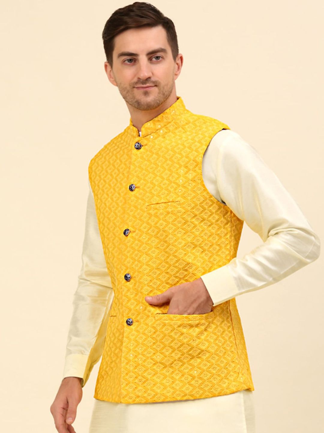 Anouk Yellow Embroidered Sequinned Nehru Jacket