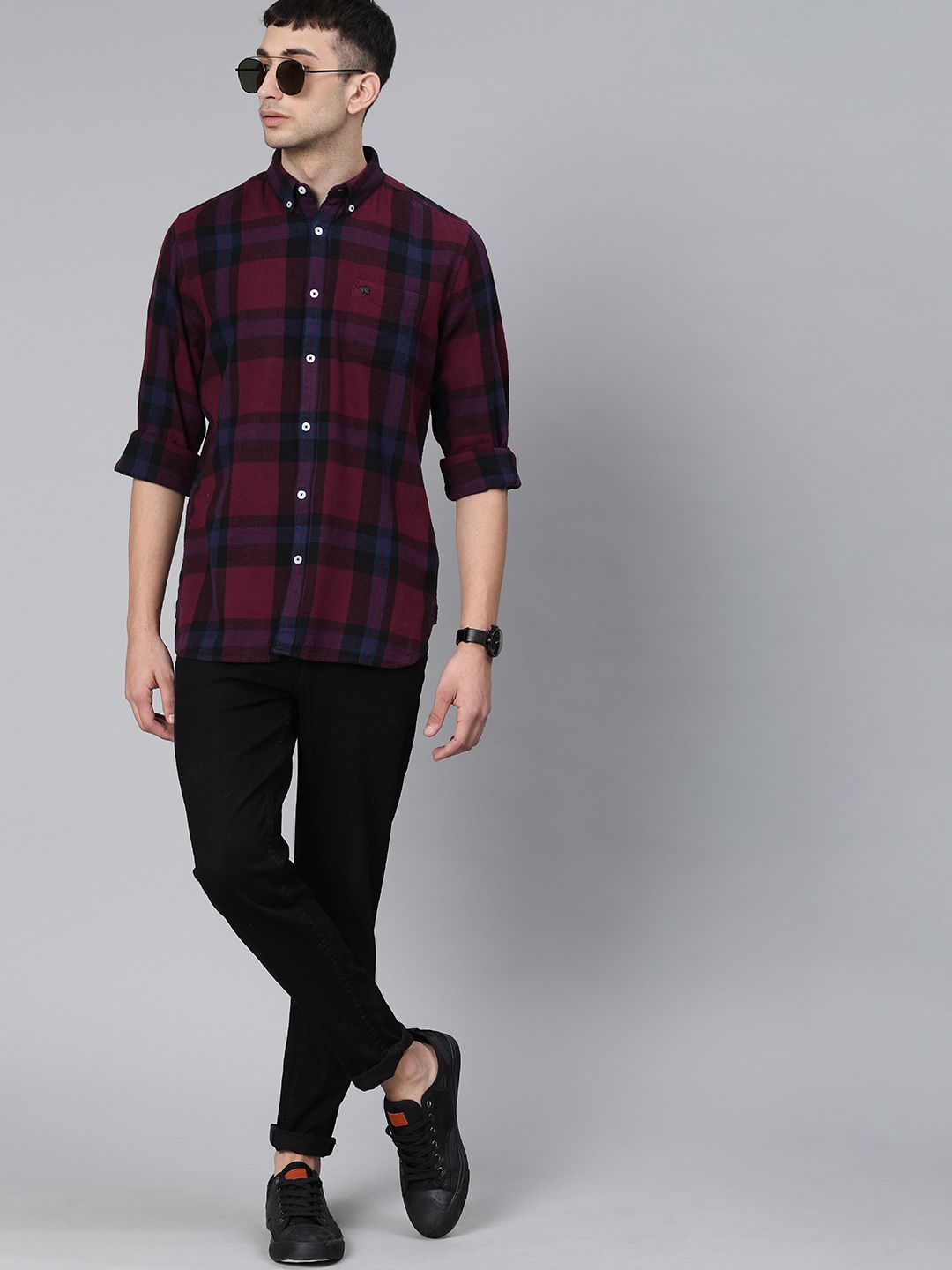 THE BEAR HOUSE Men Maroon & Navy Blue Slim Fit Checked Flannel Casual Shirt