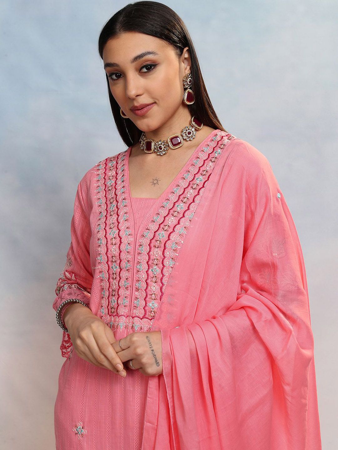 Vishudh Women Embroidered Regular Thread Work Pure Cotton Kurta with Trousers & Dupatta
