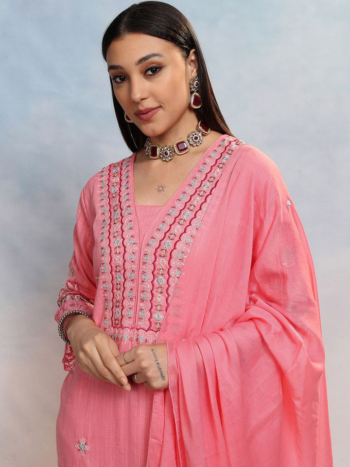 Vishudh Women Embroidered Regular Thread Work Pure Cotton Kurta with Trousers & Dupatta