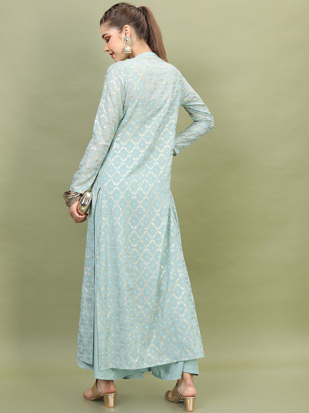 Vishudh Women Sea Green Embroidered Layered Top With Palazzos And Jacket