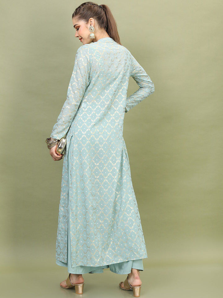 Vishudh Women Sea Green Embroidered Layered Top With Palazzos And Jacket