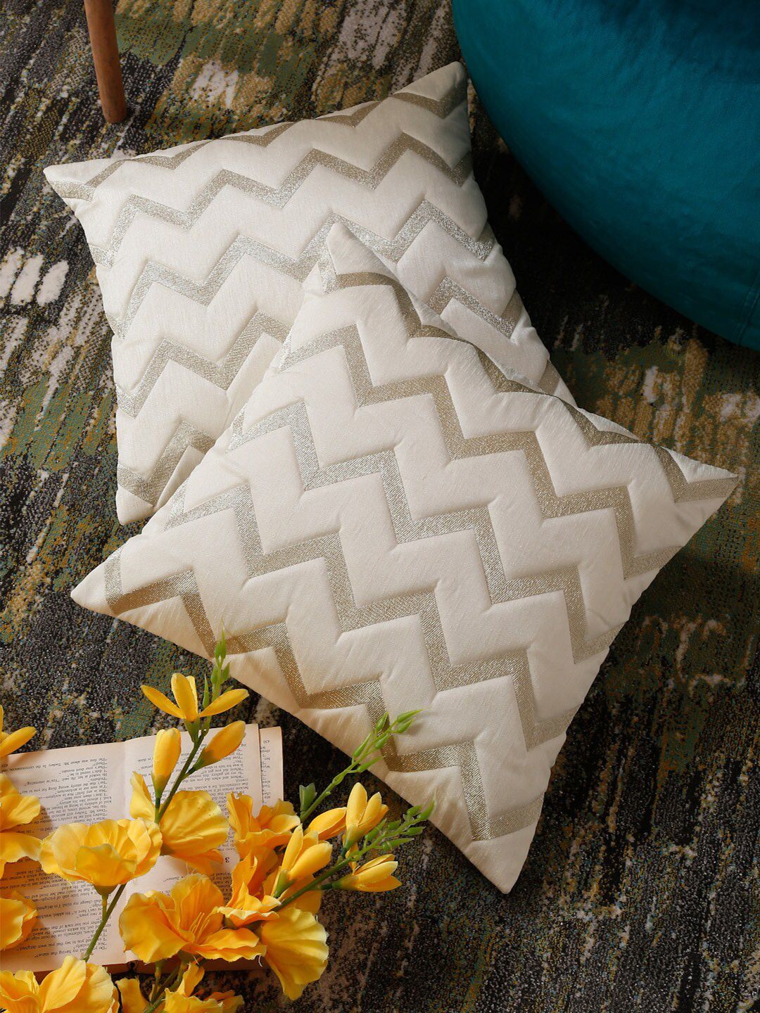 HOSTA HOMES Cream-Coloured & Gold-Toned Set of 2 Geometric Square Cushion Covers