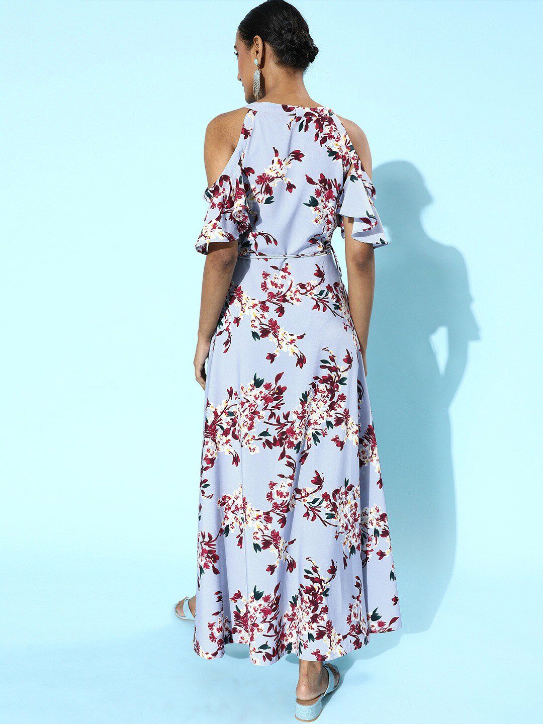 Berrylush Women Blue Floral Crepe Wrap Dress