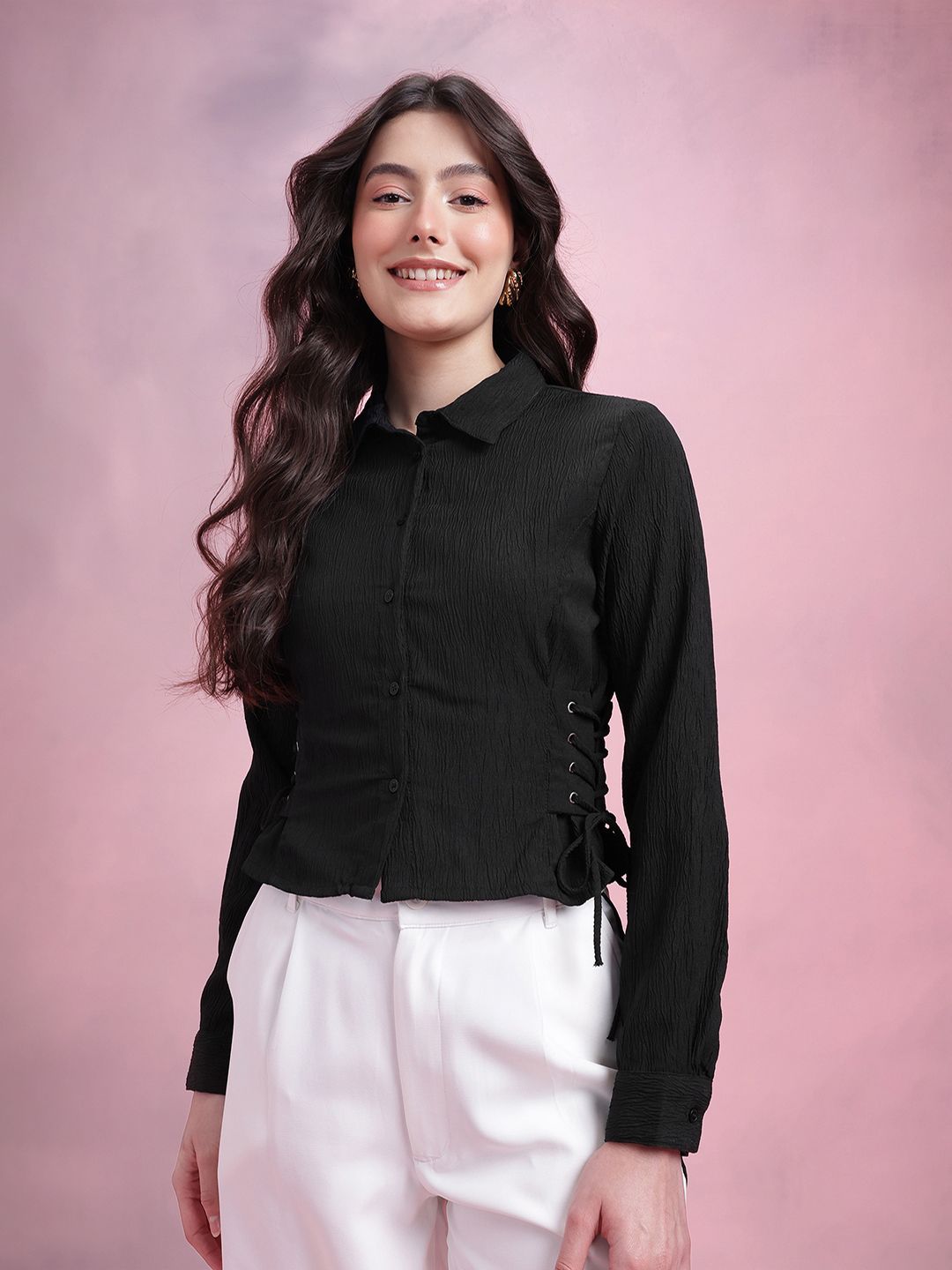 DressBerry Women Lace Ups Crinkled Shirt