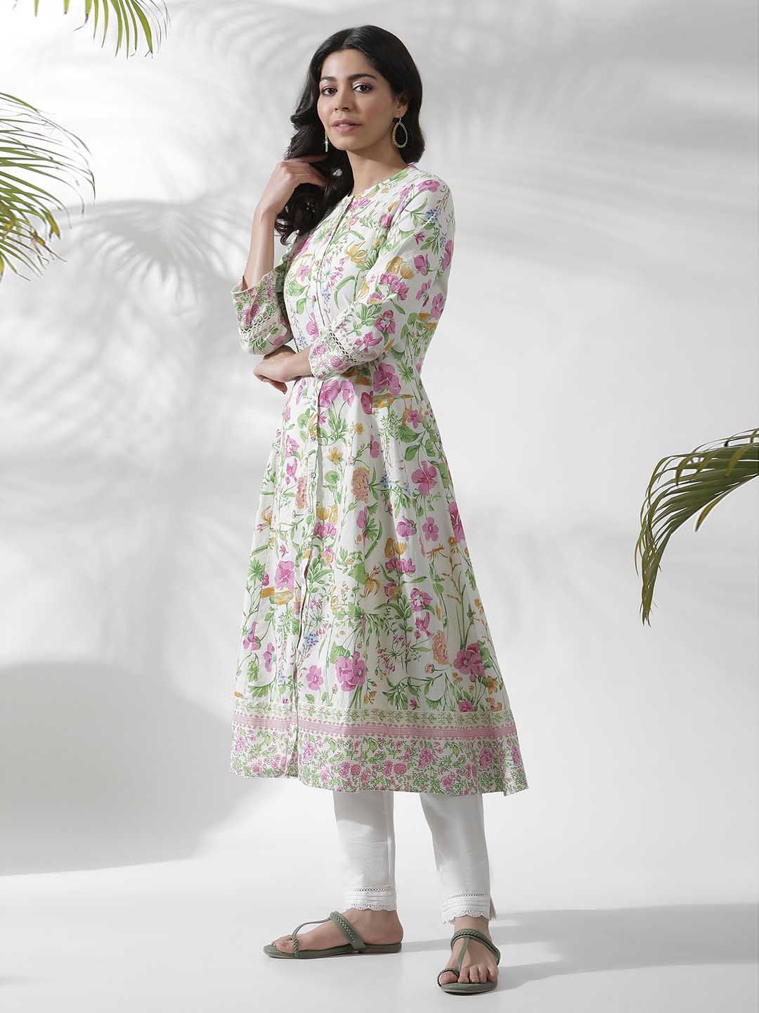 W Off white Floral Printed Cotton Kurta