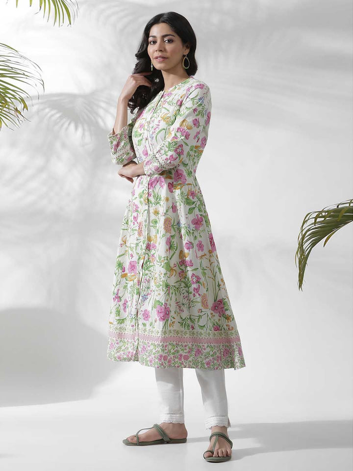 W Off white Floral Printed Cotton Kurta