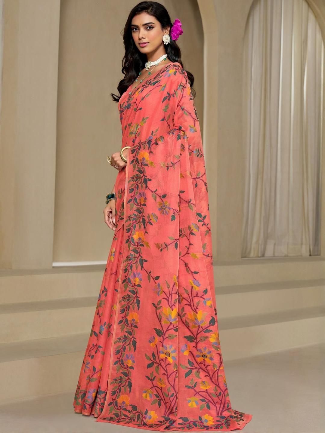 KALINI Orange Pure Cotton Woven Design Sarees