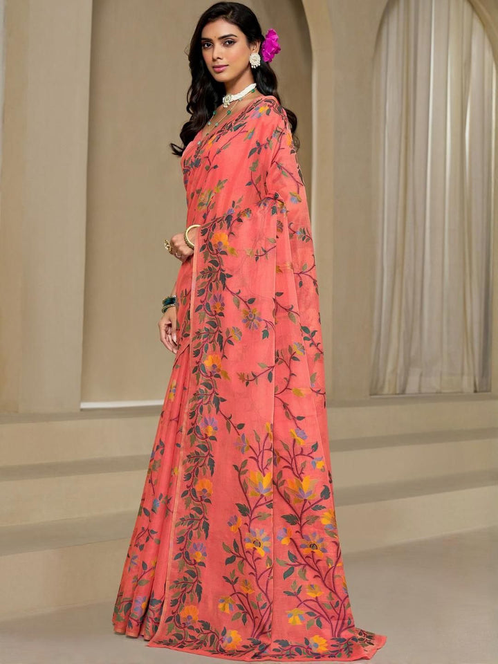 KALINI Orange Pure Cotton Woven Design Sarees