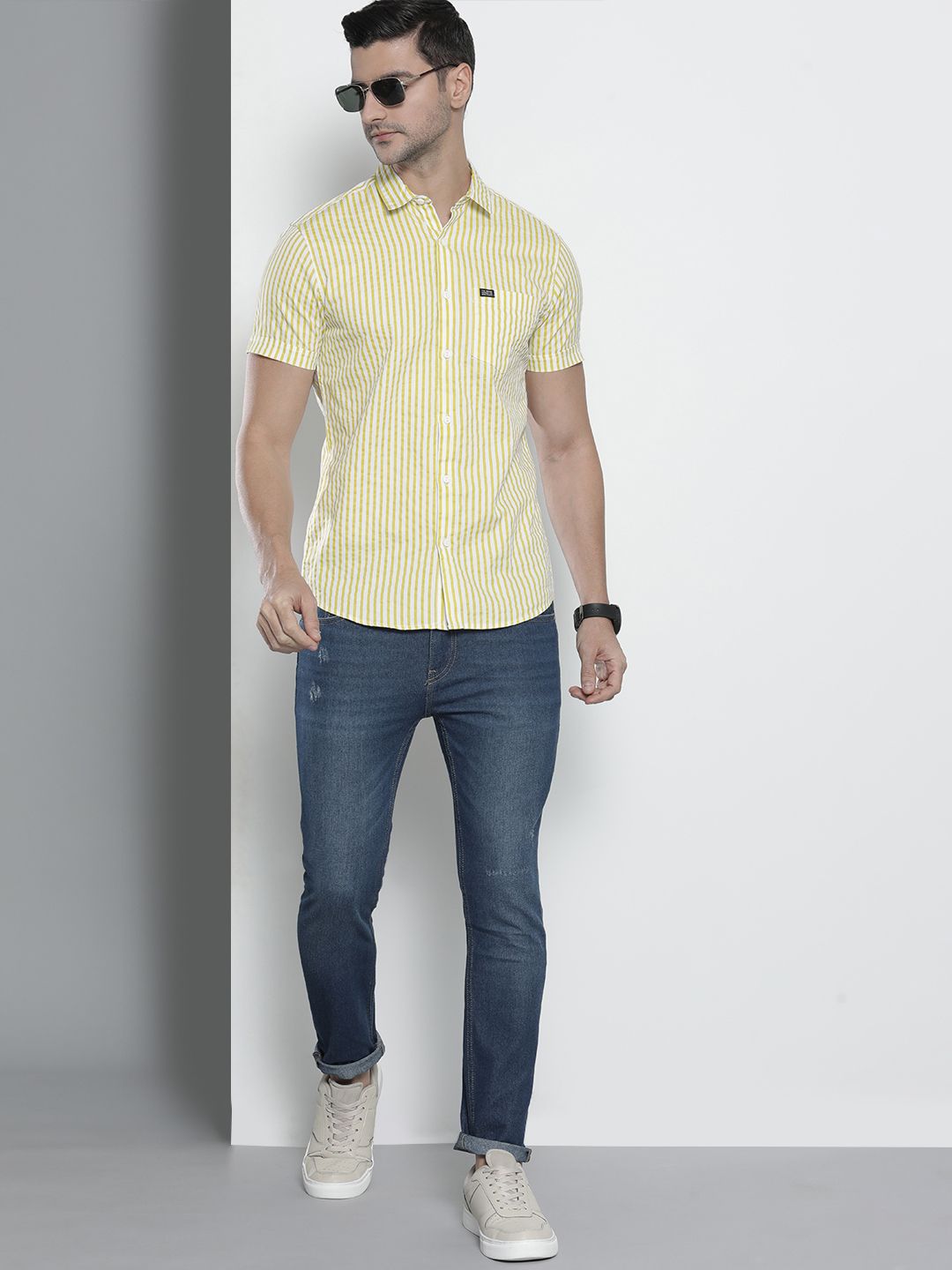 The Indian Garage Co Men Green Comfort Striped Cotton Casual Shirt