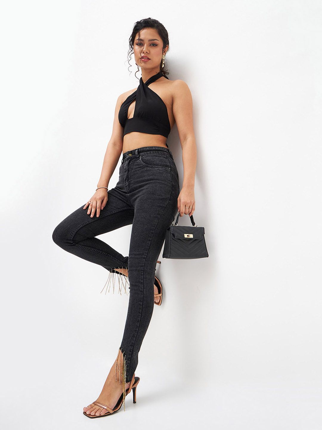 SASSAFRAS Women Black Slim Fit High-Rise Clean Look Embellished Stretchable Jeans