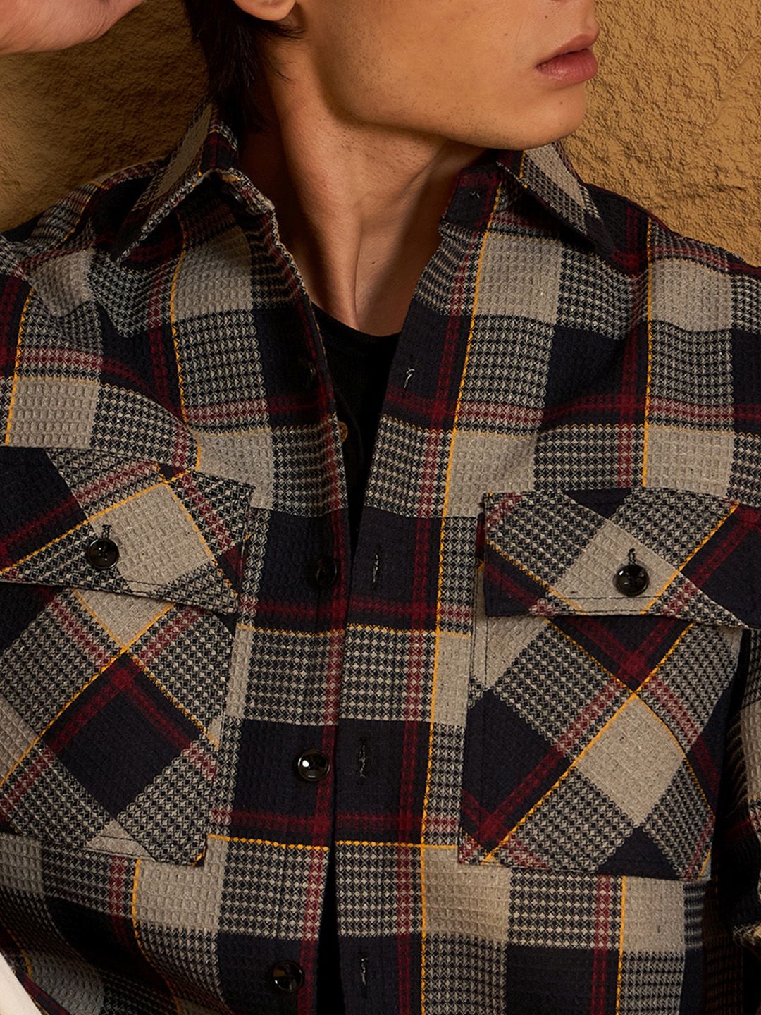 DENNISON Men Double Pocket Drop Shoulder Oversized Cotton Checked Shacket