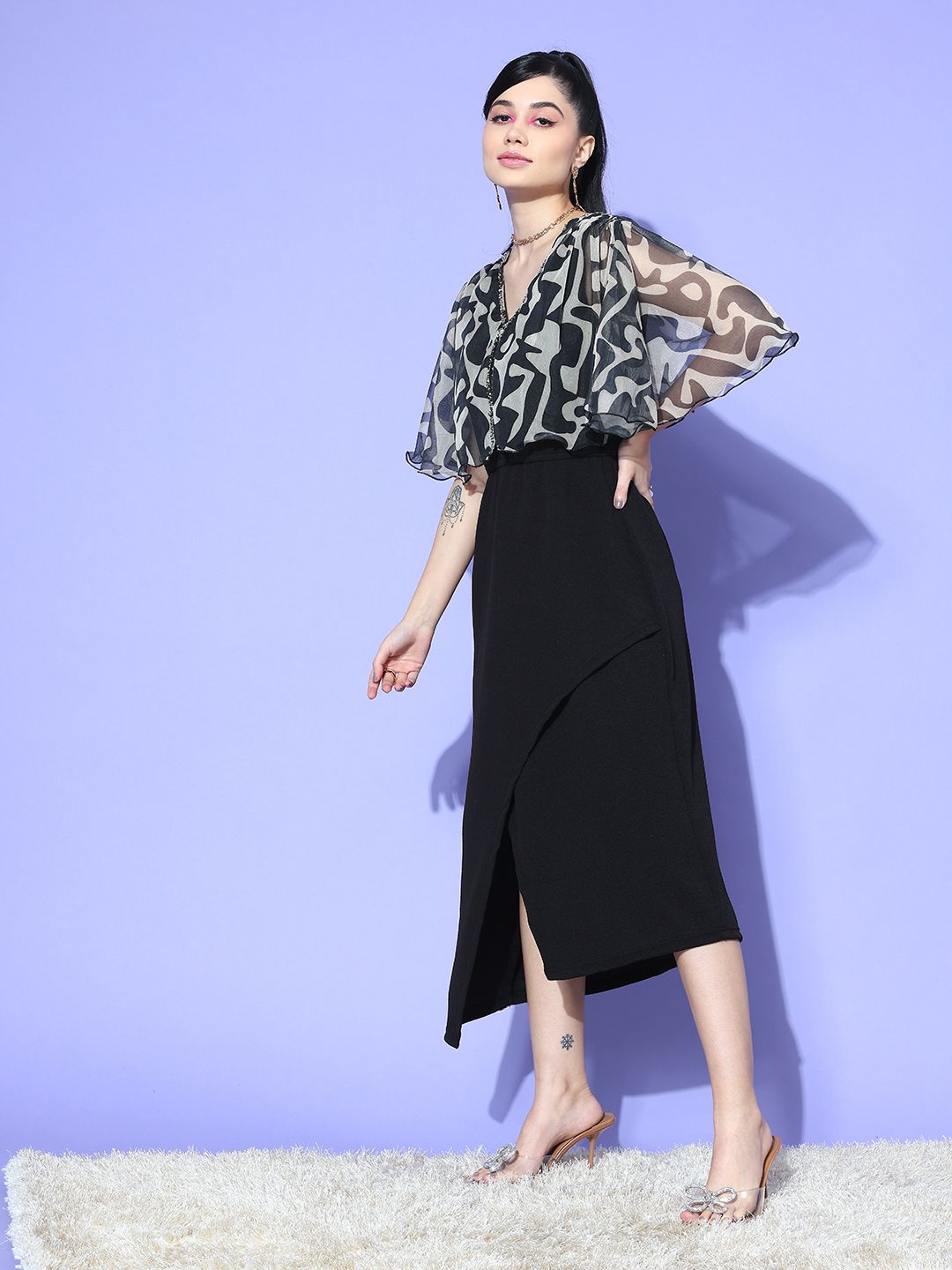 Antheaa Printed Flared Sleeve A-Line Midi Dress
