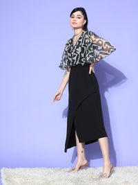 Antheaa Printed Flared Sleeve A-Line Midi Dress
