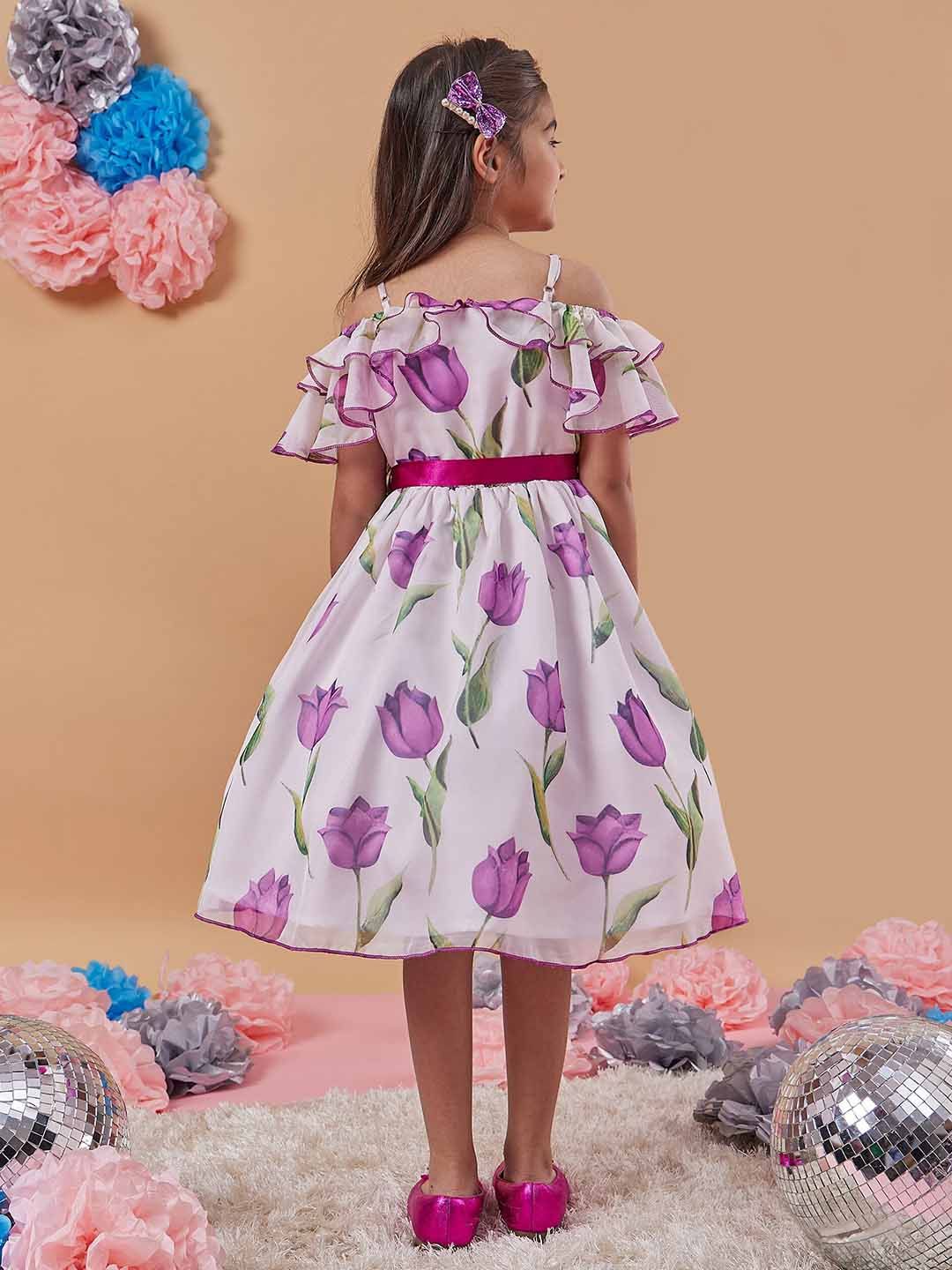 pspeaches Girls Floral Printed Cold-Shoulder Bow Fit & Flare Midi Dress