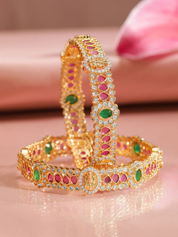 Rubans Set of 2, 22K Gold-Plated Ruby Pink & Emerald Stone Studded Traditional Bangles