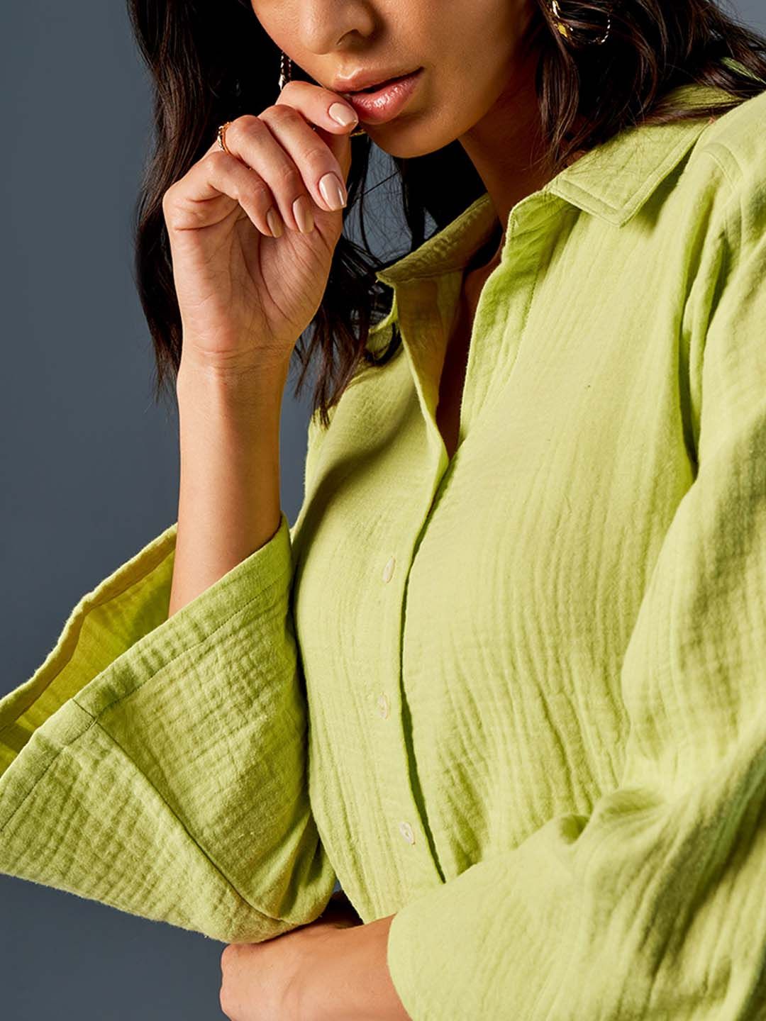 AND Self Design Flared Sleeve Pure Cotton Shirt Style Top