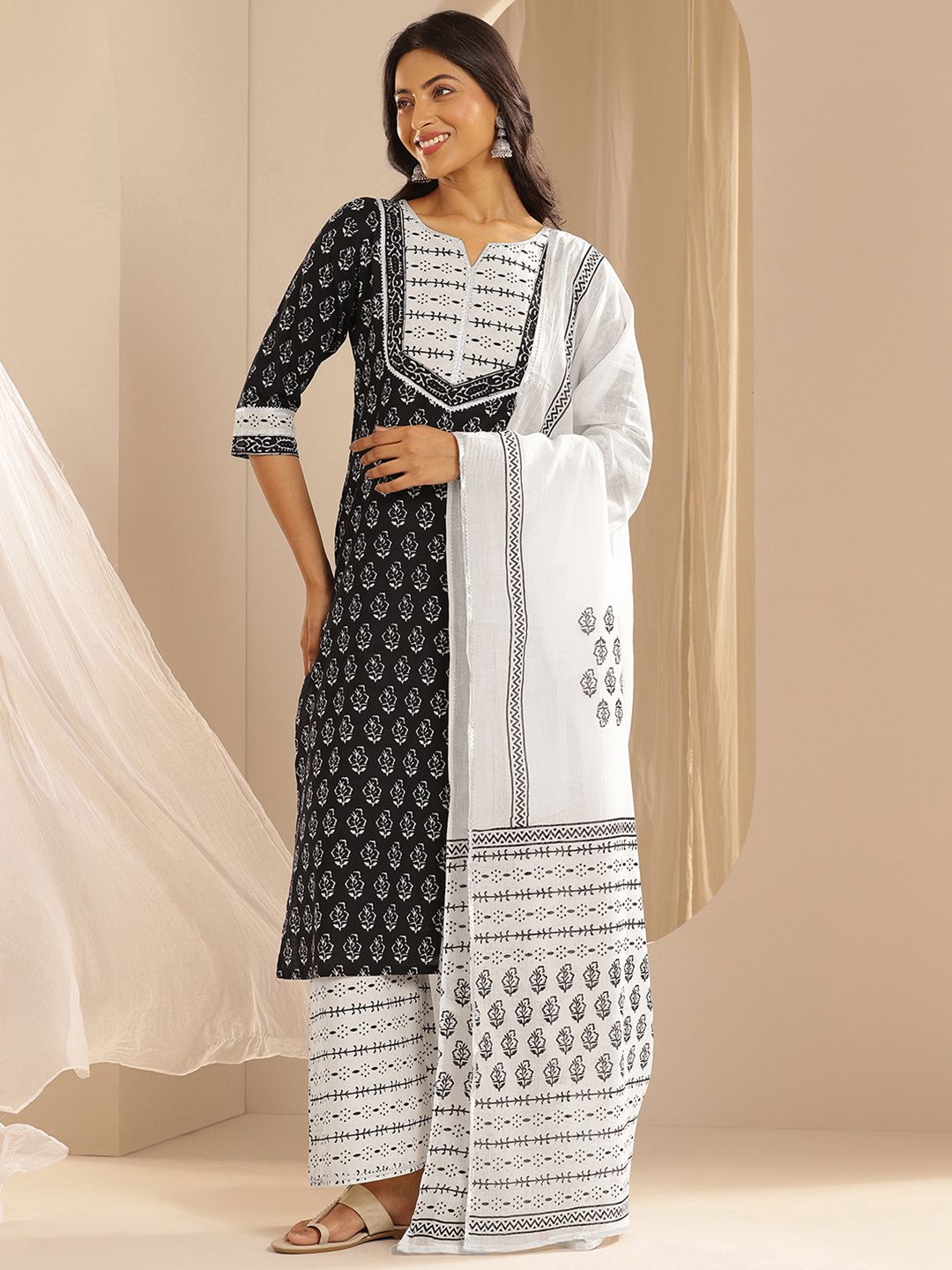 Libas Ethnic Motifs Printed Regular Gotta Patti Pure Cotton Kurta with Palazzos & Dupatta