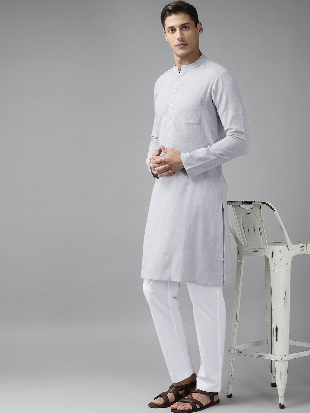 See Designs Men Grey & White Solid Pure Cotton Kurta with Pyjamas