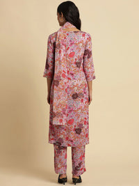 W Pink Floral Printed Keyhole Neck Straight Kurta With Trousers & Dupatta