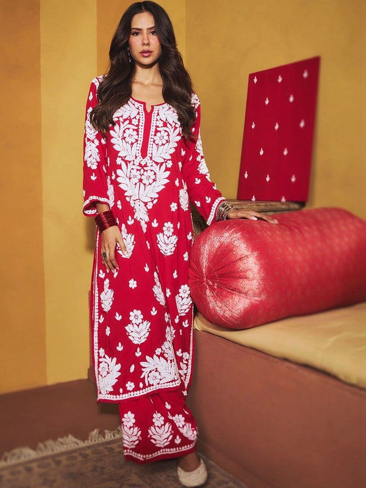 Set Kurta Merah Panjang 2 PC House of Chikankari Wanita
