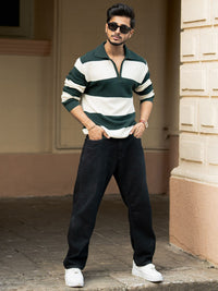 Powerlook Men Striped Polo Collar Cotton Relaxed Fit T-shirt