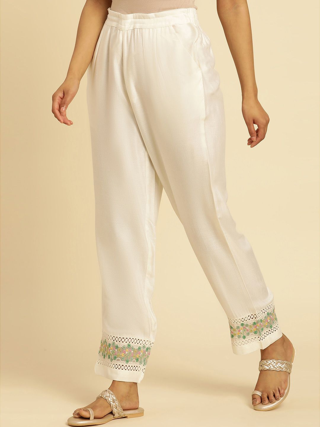 W Women Off White Straight Fit Ethnic Trouser