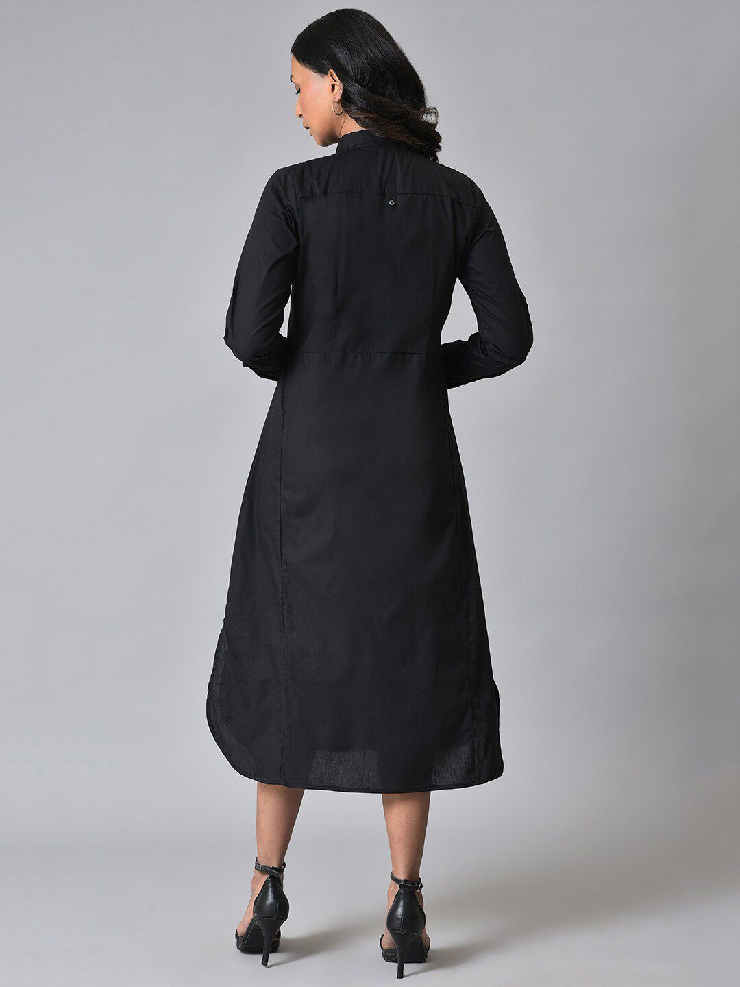 W Embroidered Shirt Collar Pure Cotton A-Line Midi Dress