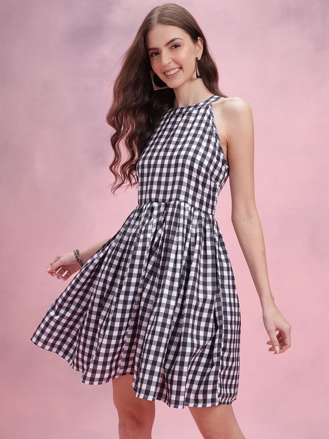 DressBerry Checked Halter Neck Fit & Flare Dress