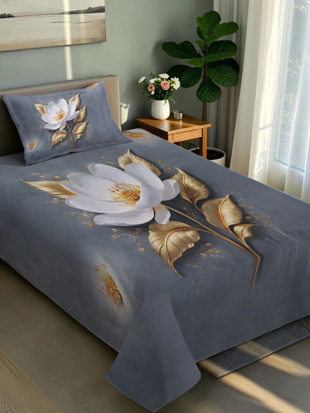 Moda Rapido X KLOTTHE Grey & Gold-Toned Floral 400 TC Single Bedsheet with 1 Pillow Covers