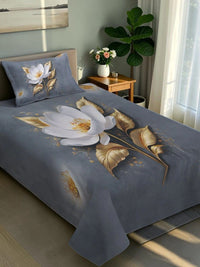 Moda Rapido X KLOTTHE Grey & Gold-Toned Floral 400 TC Single Bedsheet with 1 Pillow Covers