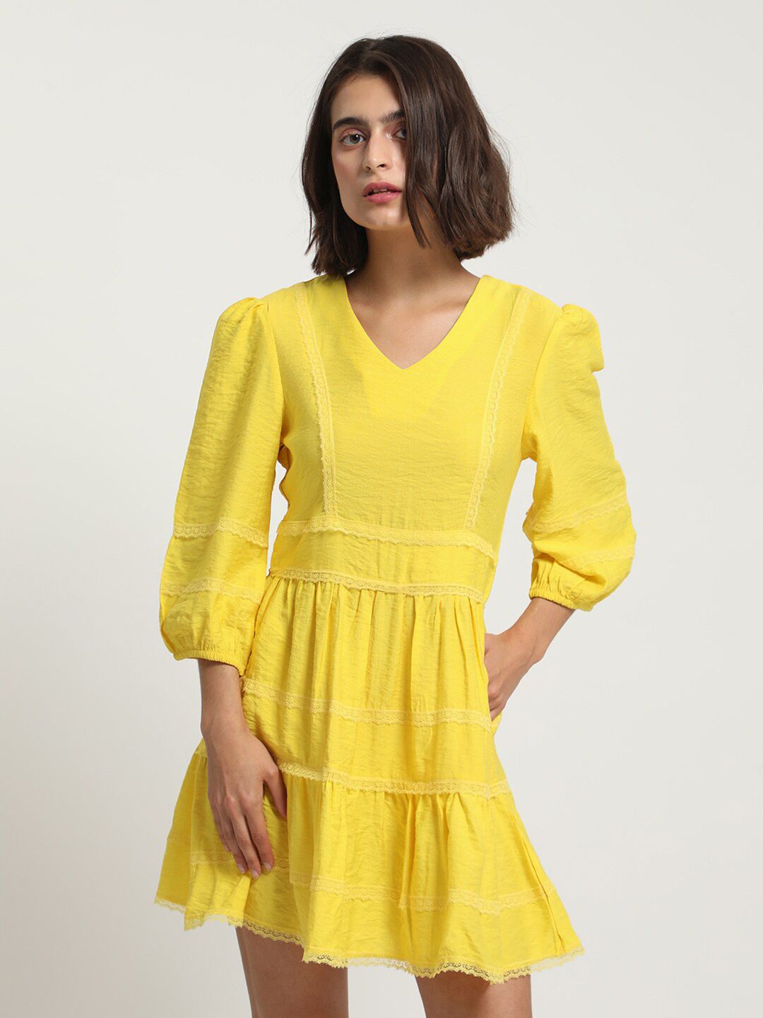 RAREISM V-Neck Puff Sleeves Lace Inserts Cotton Fit & Flare Dress