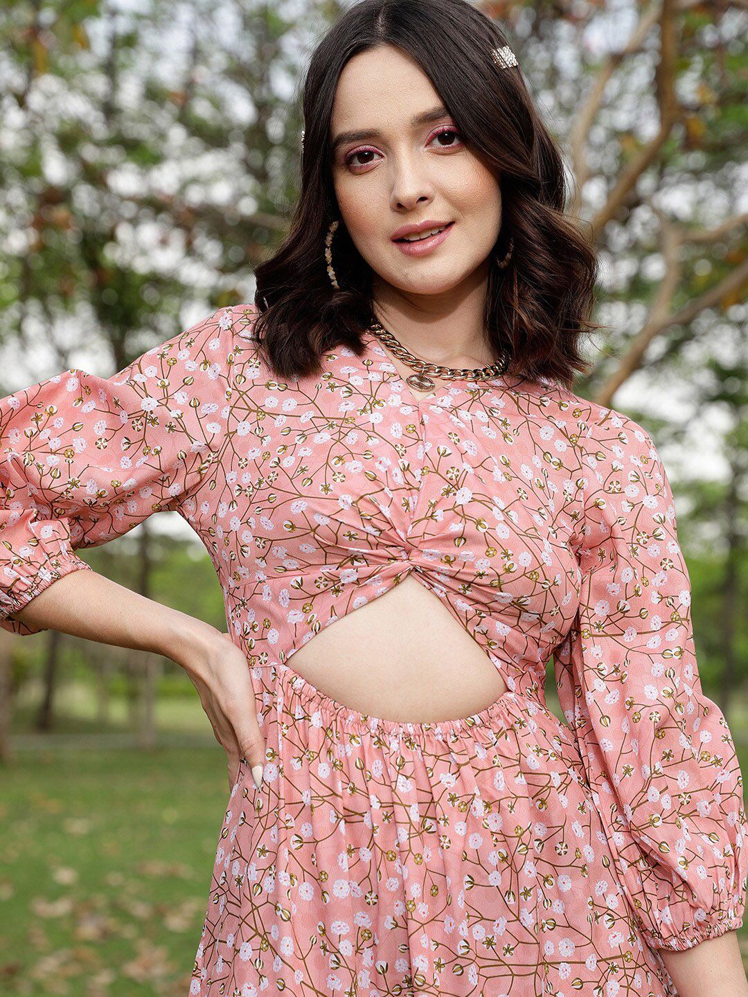 STREET 9 Floral Printed Puff Sleeve Maxi Dress