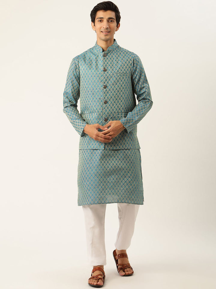 SOJANYA Kurta Design Off-Woven Lelaki Teal Biru & Putih dengan Piyama & Jaket Nehru