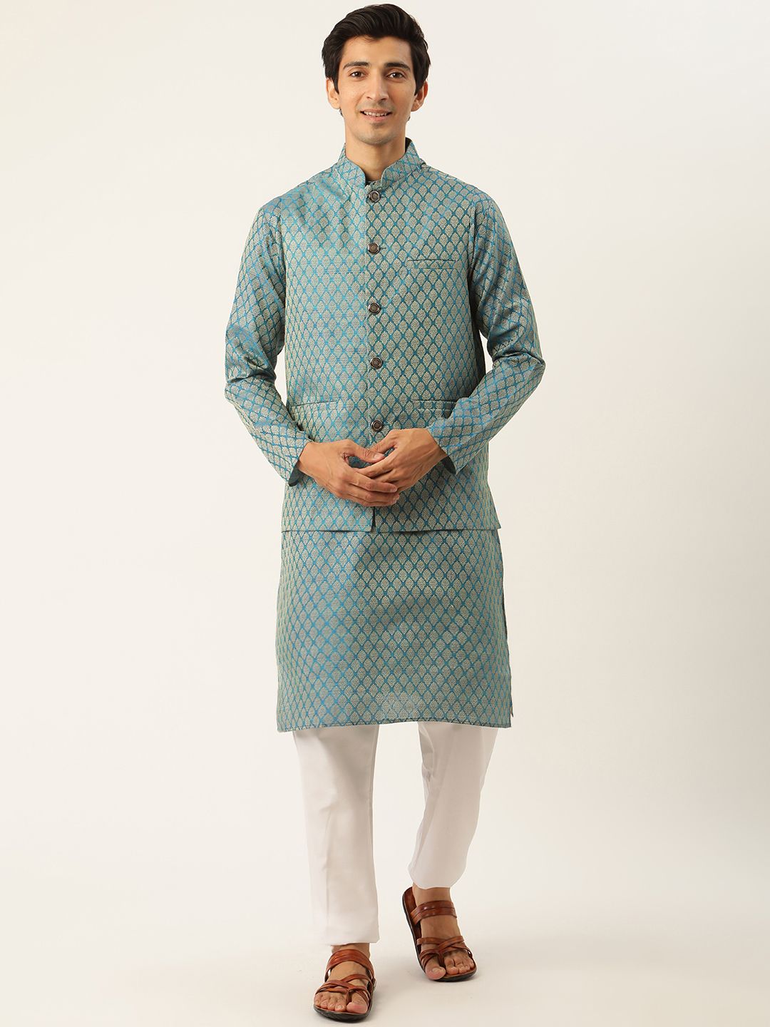 SOJANYA Men Teal Blue & White Off-Woven Design Kurta with Pyjamas & Nehru Jacket