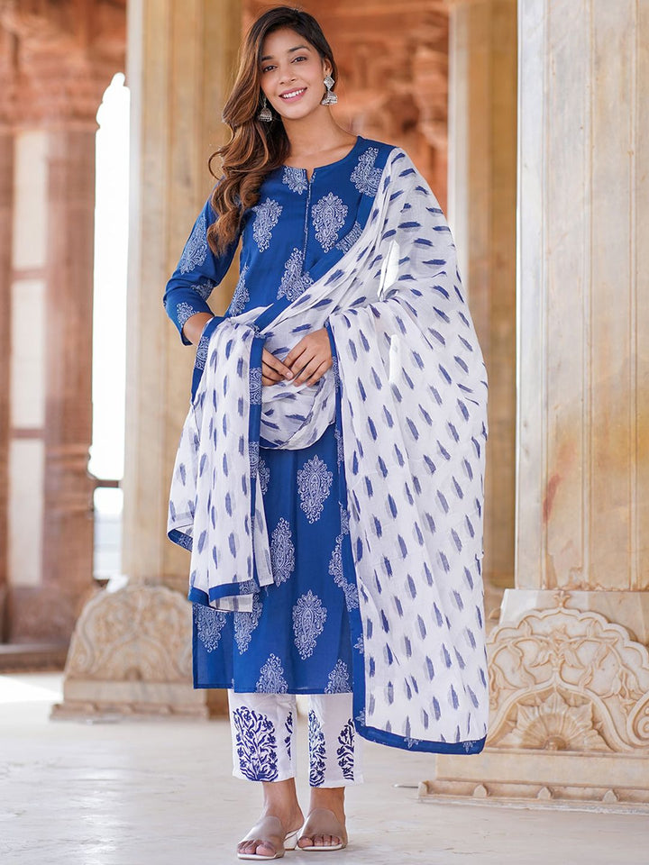 KALINI Paisley Printed Straight Kurta With Trousers & Dupatta