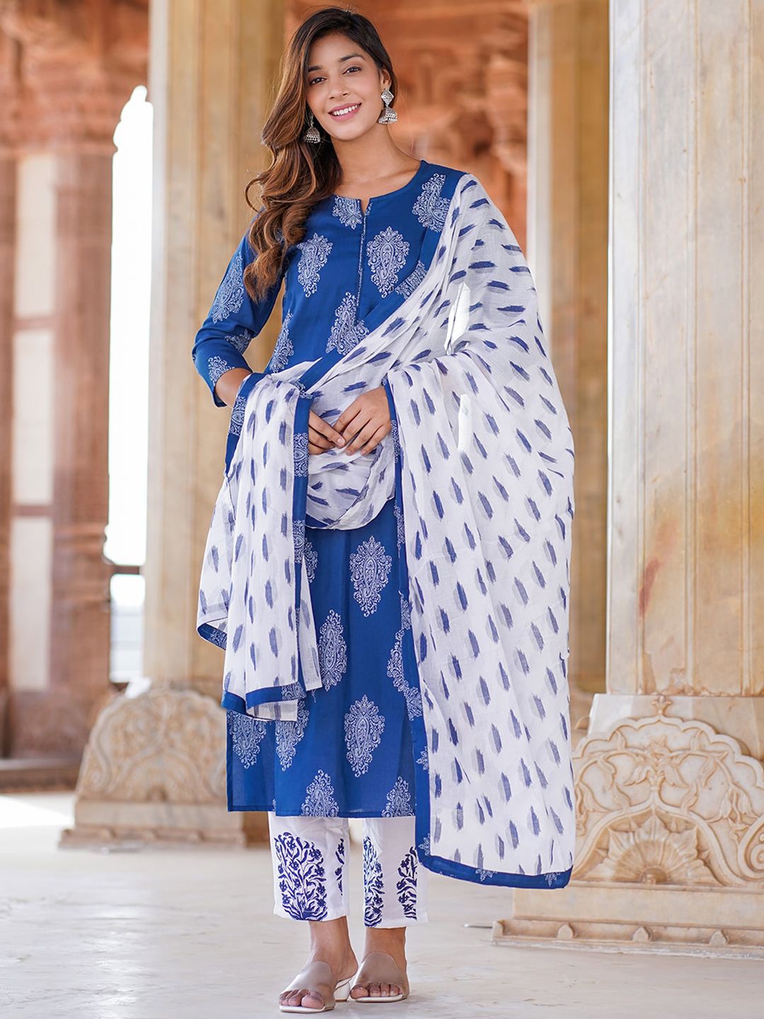 KALINI Paisley Printed Straight Kurta With Trousers & Dupatta
