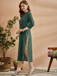 Anouk Green Ethnic Motifs Printed Mandarin Collar Cotton Regular Kurta