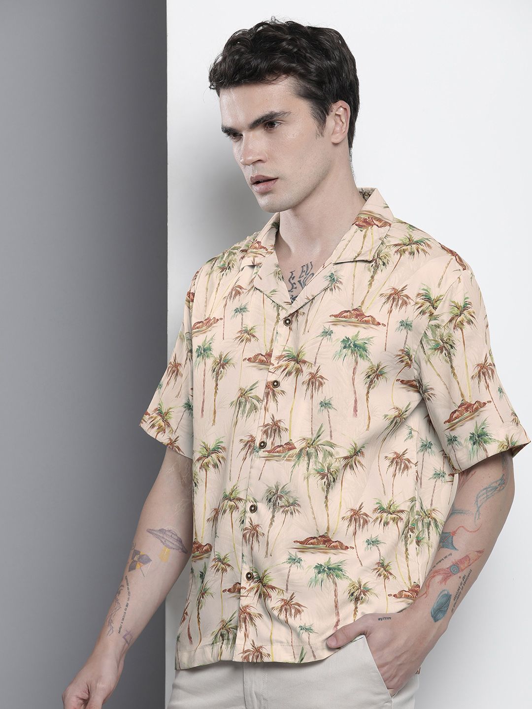 The Indian Garage Co Men Oversized Tropical Print Resortwear Shirt