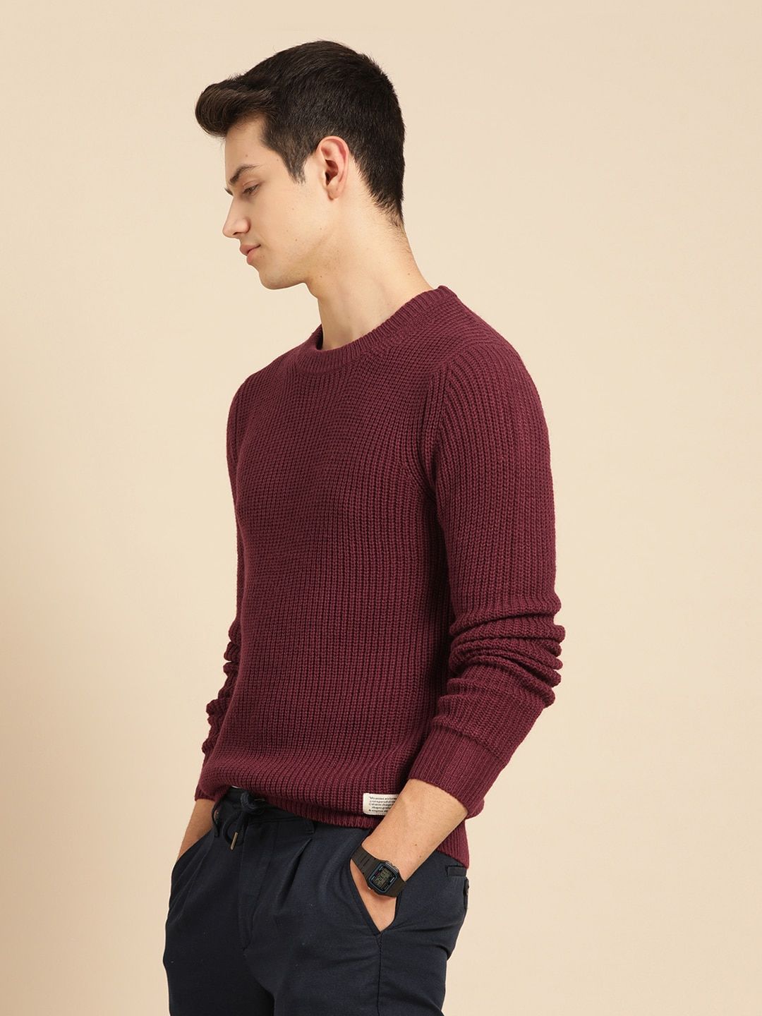 Mr Bowerbird Men Maroon Tailored Fit Solid Pullover