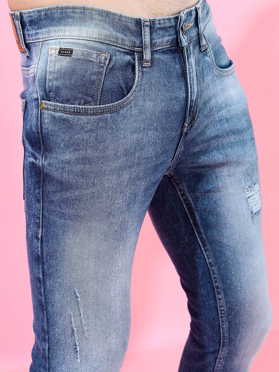 HIGHLANDER Men Blue Tapered Fit Low Distress Heavy Fade Jeans