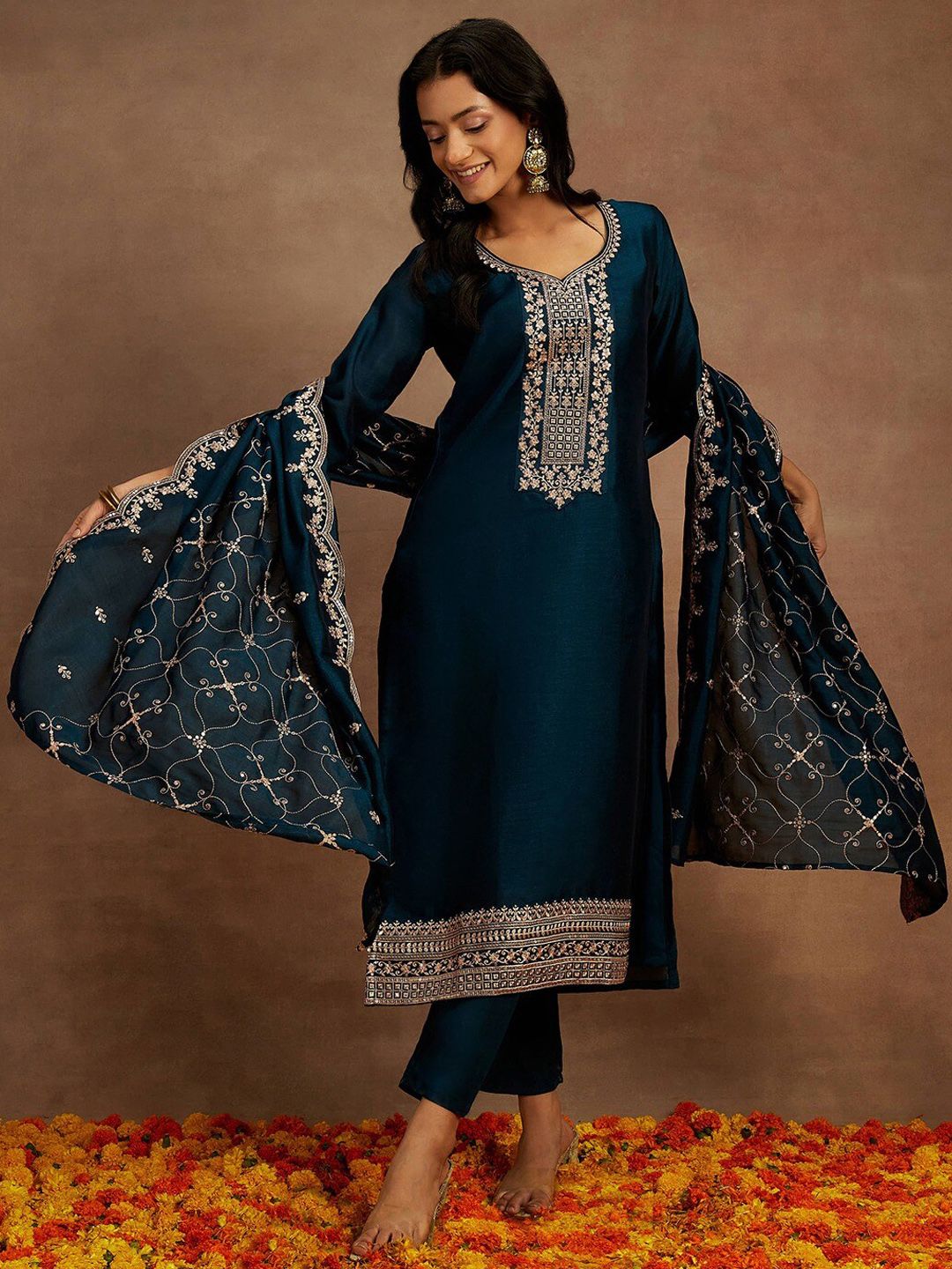 Libas Yoke Design Sequinned Straight Kurta with Trousers & With Dupatta