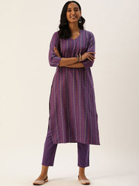 KALINI Women Striped Regular Thread Work Kurta with Trousers