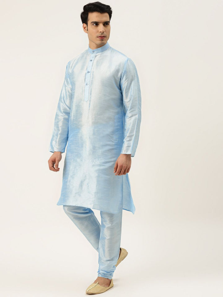 SOJANYA Men Blue Kurta with Churidar & Printed Jacket