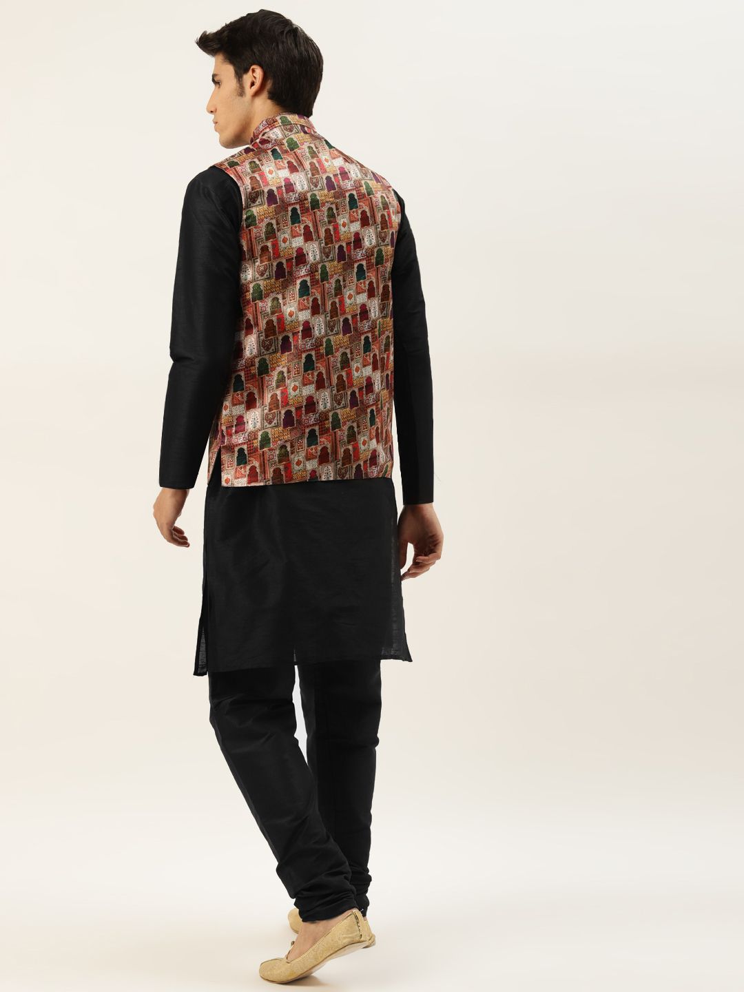 SOJANYA Men Beige & Black Ethnic Motifs Print Kurta & Churidar with Nehru Jacket